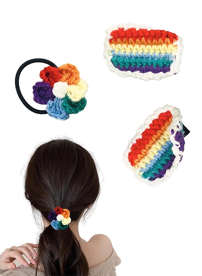 Rainbow Flower Hair Clips for Women's, Colorful Knit Hair Clips Hair Ties Set, Pride Day Parties, Parades, Carnival Hair Accessories - Image 1